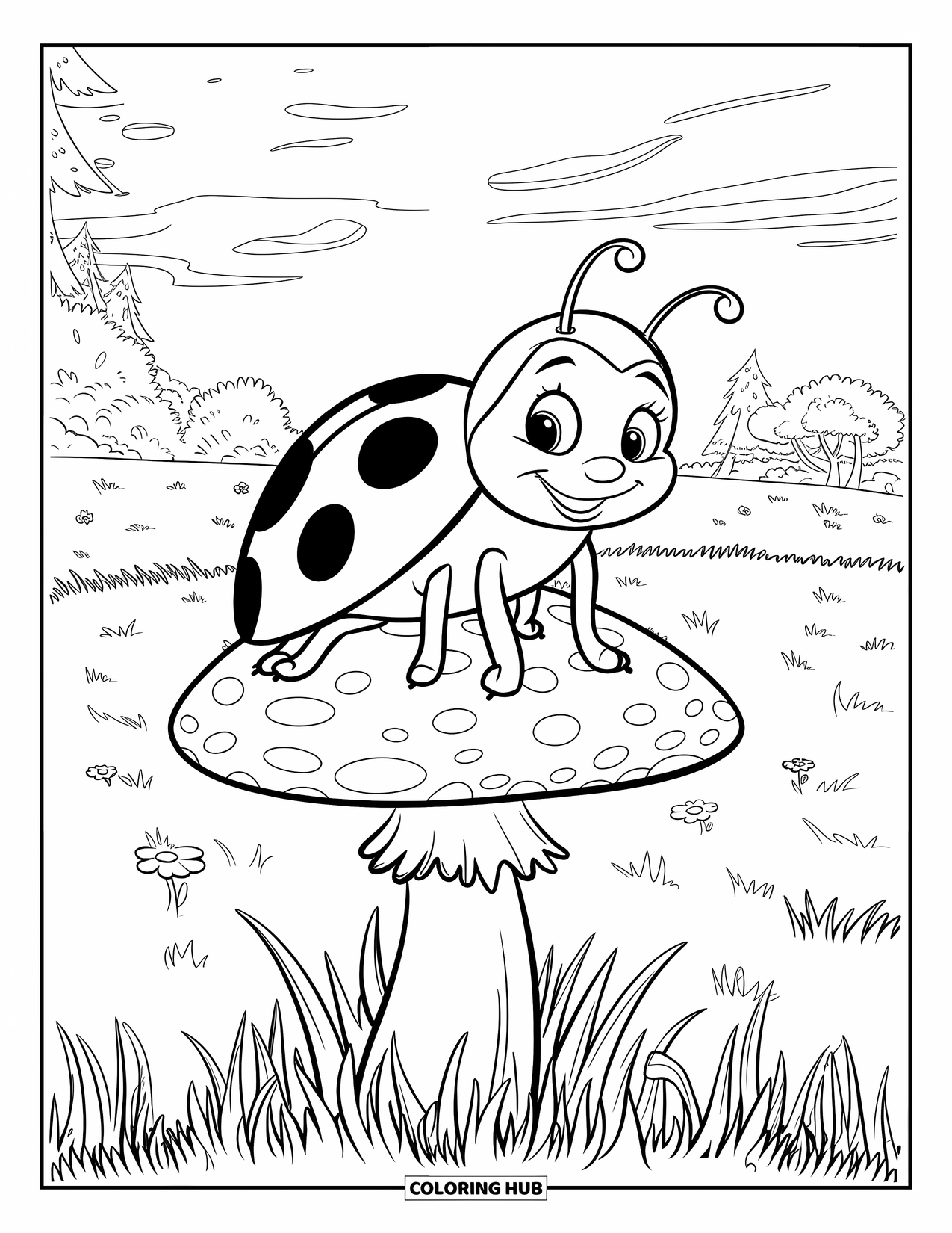 Lady Bug Coloring Page for Kids: Smiling ladybug perches on a tall mushroom under clouds and trees