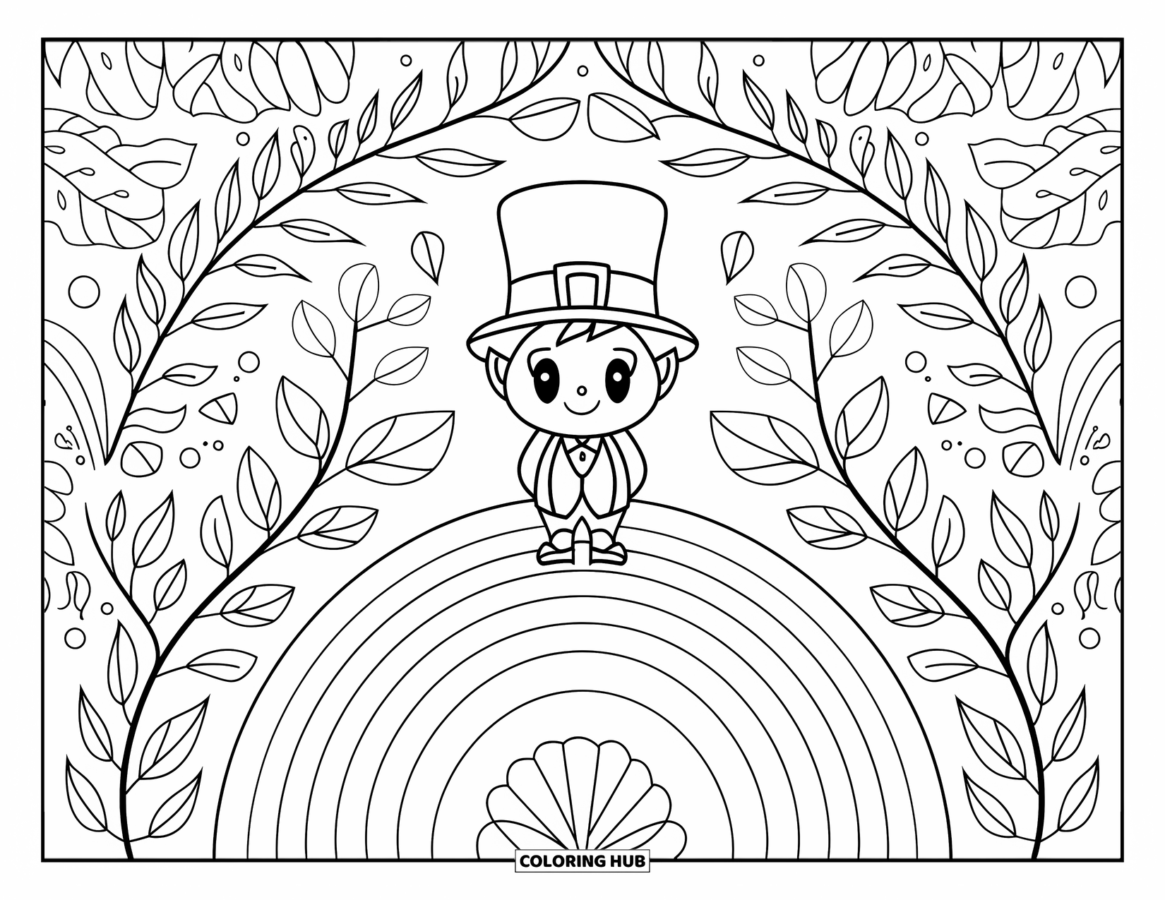 Leprechaun Coloring Page for Adults: A chibi leprechaun stands on a rainbow surrounded by leafy patterns