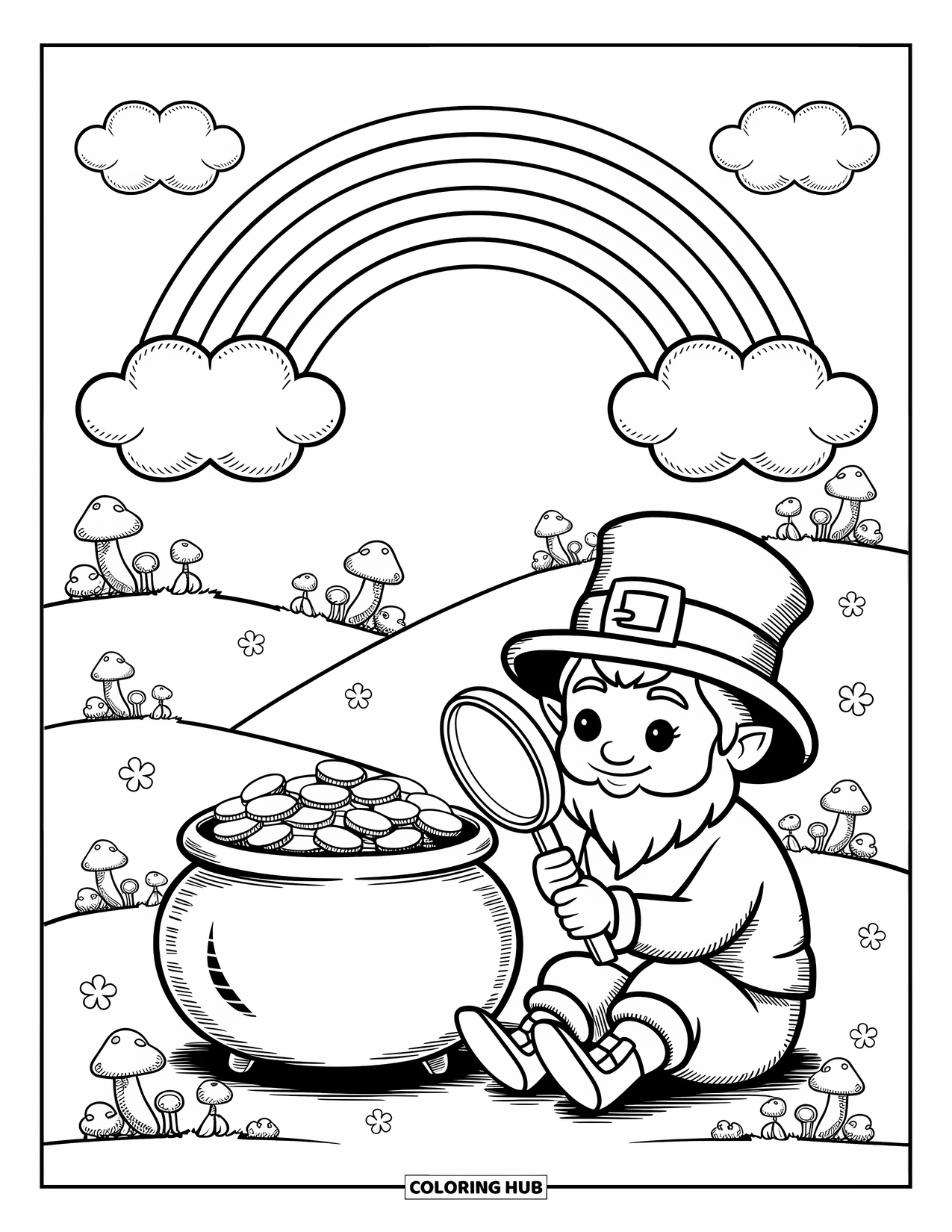 Leprechaun Coloring Page for Adults: A leprechaun examines a coin beside a pot of gold under a rainbow