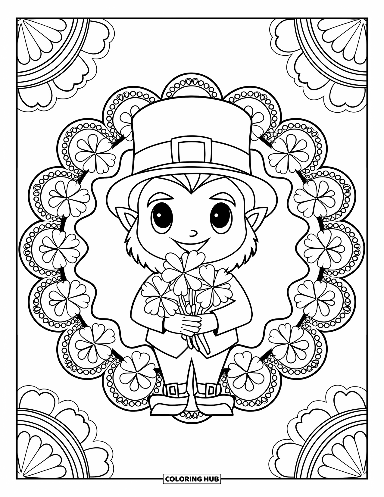 Leprechaun Coloring Page for Adults: A leprechaun holds a shamrock bouquet framed by floral mandala patterns
