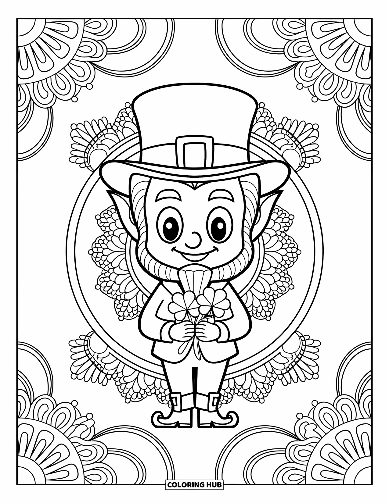 Leprechaun Coloring Page for Adults: A leprechaun holds shamrocks with floral mandalas filling the background