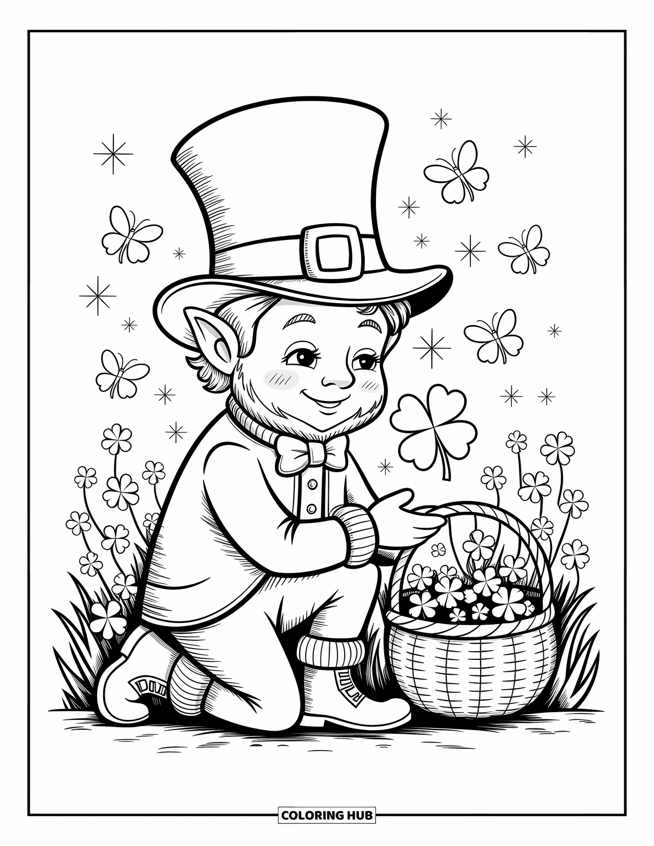 Leprechaun Coloring Page for Adults: A leprechaun kneels in clovers holding a large four-leaf clover