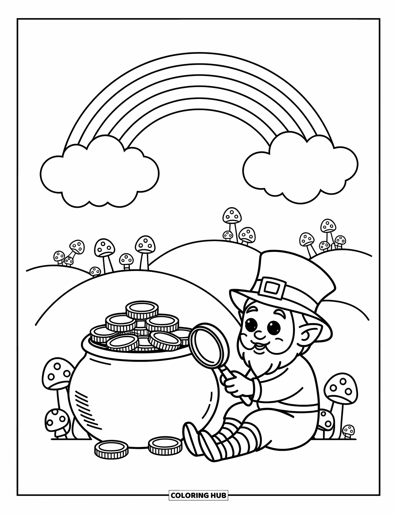 Leprechaun Coloring Page for Adults: A leprechaun looks at a coin beside a gold pot under clouds