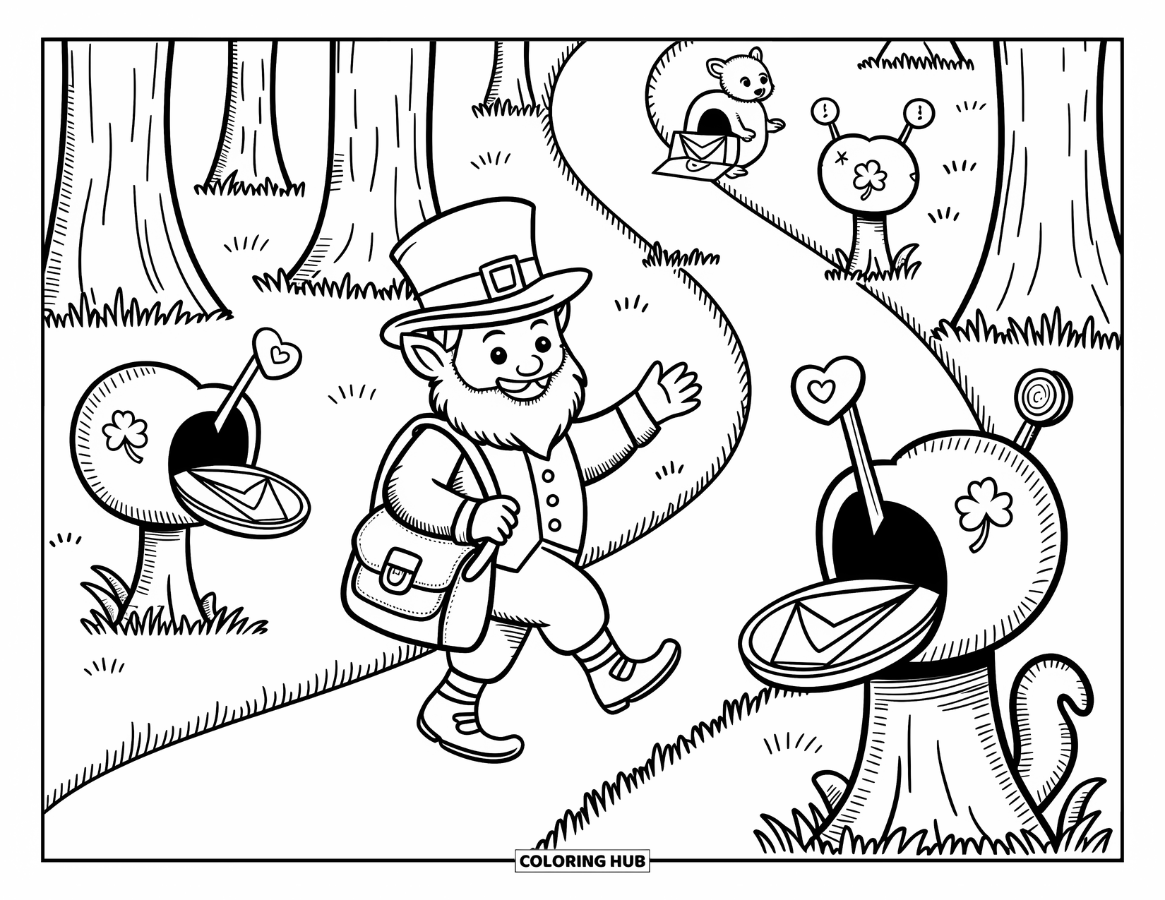 Leprechaun Coloring Page for Adults: A leprechaun mail carrier delivers letters along a forest path with mushrooms