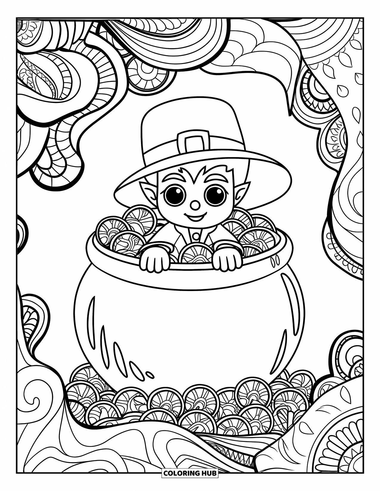 Leprechaun Coloring Page for Adults: A leprechaun peeks from a pot of coins surrounded by patterned mandalas