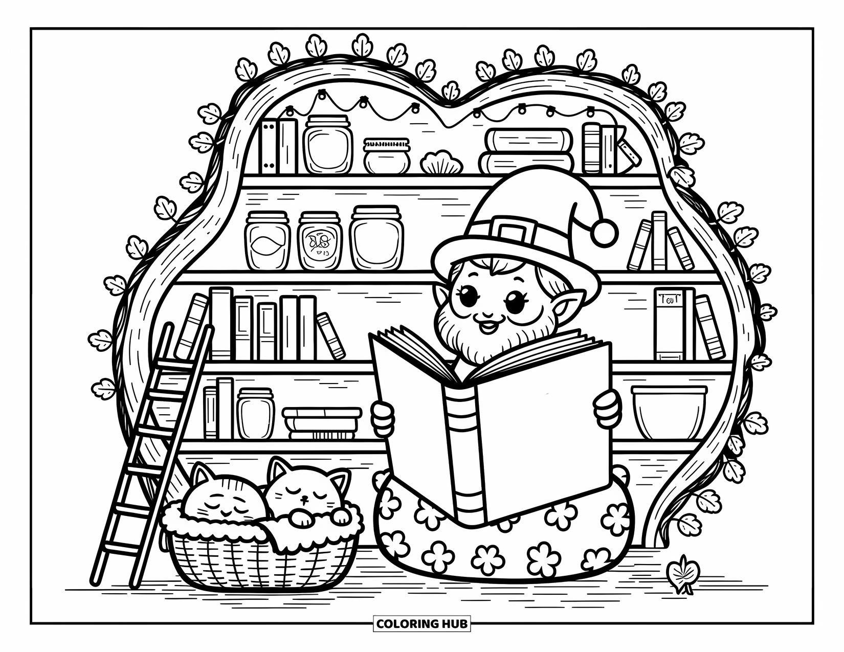 Leprechaun Coloring Page for Adults: A leprechaun reads "Leprechaun Legends" inside a cozy tree trunk library