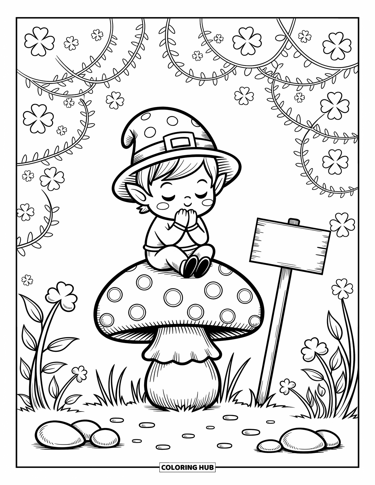Leprechaun Coloring Page for Adults: A leprechaun rests on a toadstool with a Fairy Trail sign nearby