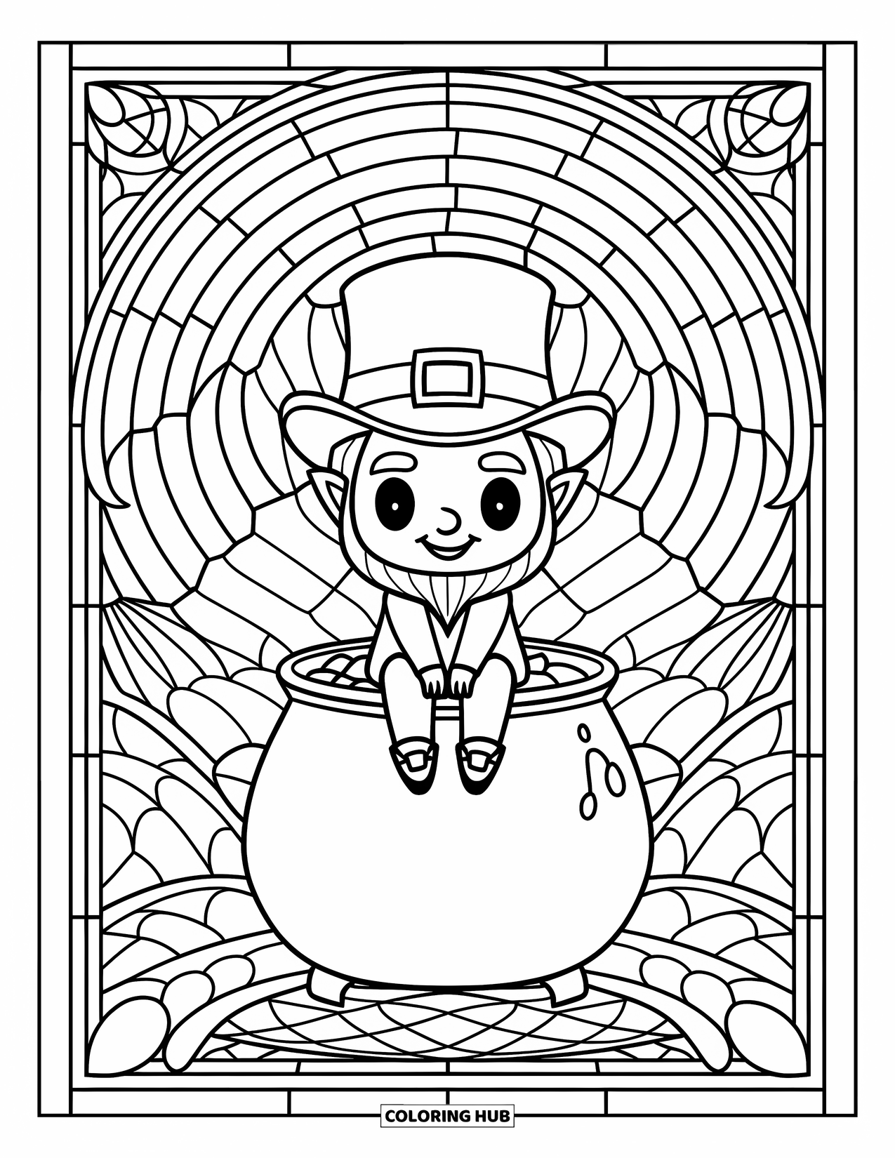 Leprechaun Coloring Page for Adults: A leprechaun sits on a pot of gold framed by stained glass designs