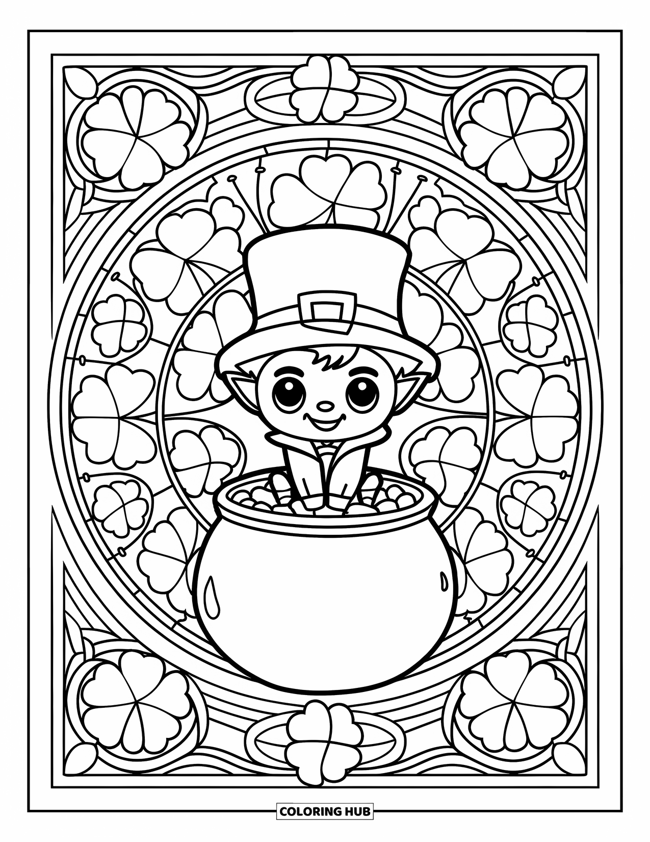 Leprechaun Coloring Page for Adults: A leprechaun sits on a pot of gold within shamrock stained glass