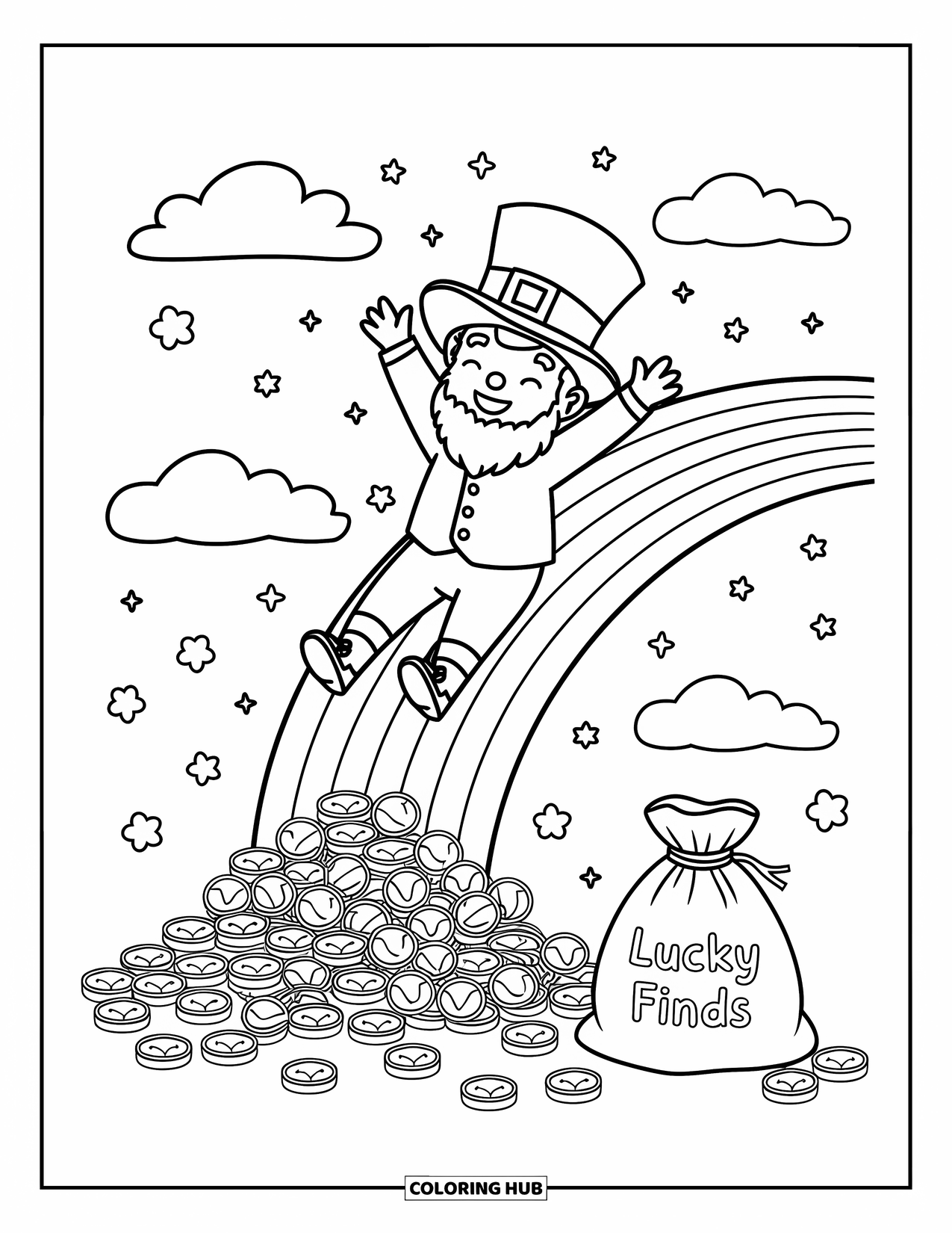 Leprechaun Coloring Page for Adults: A leprechaun slides on a rainbow into gold with stars and clouds