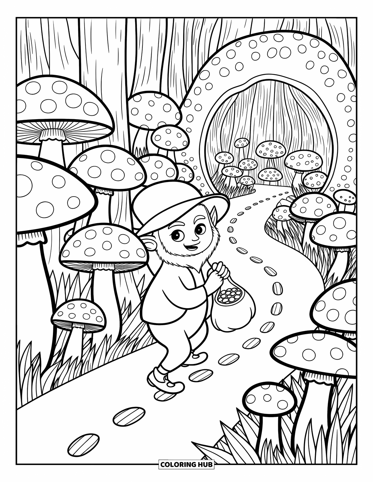 Leprechaun Coloring Page for Adults: A leprechaun tiptoes through a mushroom path carrying a small sack