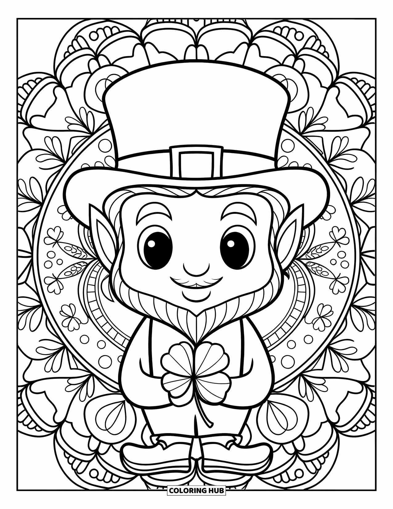Leprechaun Coloring Page for Adults: A leprechaun with a clover stands in front of a botanical mandala