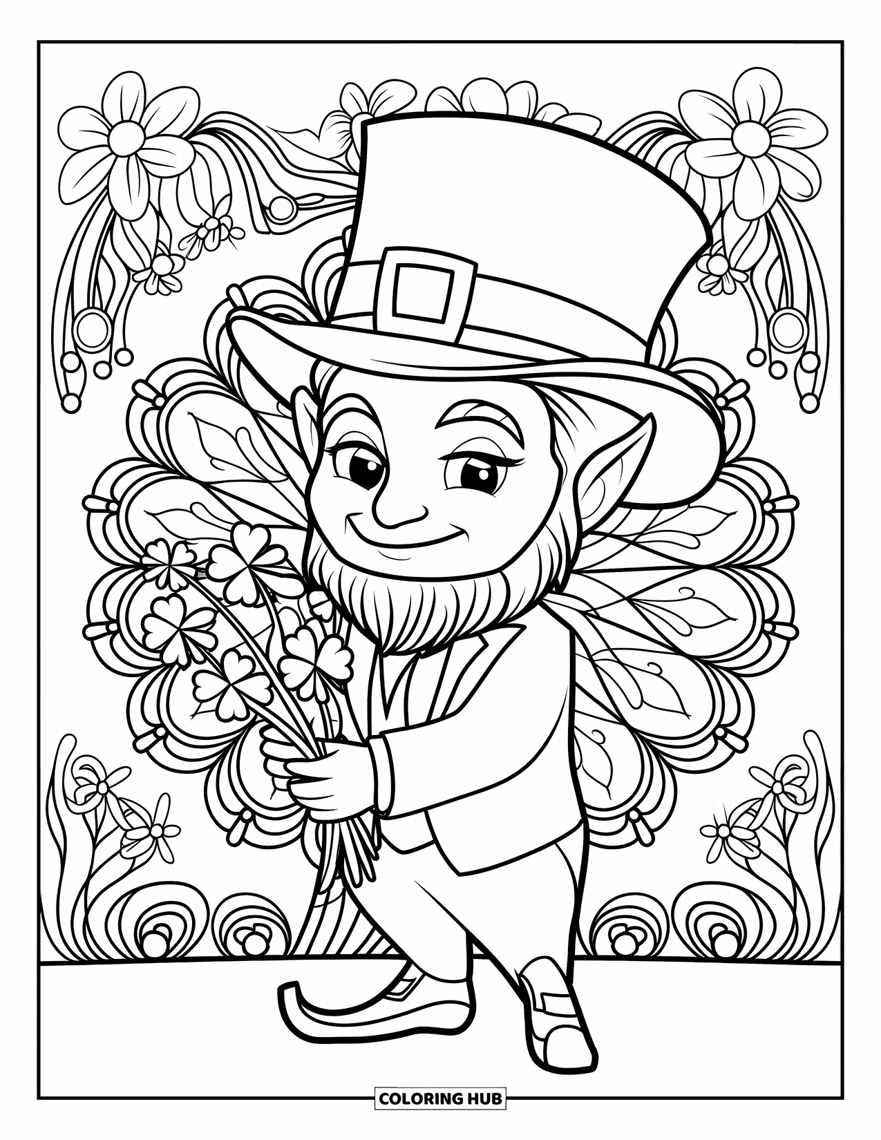 Leprechaun Coloring Page for Adults: A leprechaun with a shamrock bouquet stands on a stone with mandalas