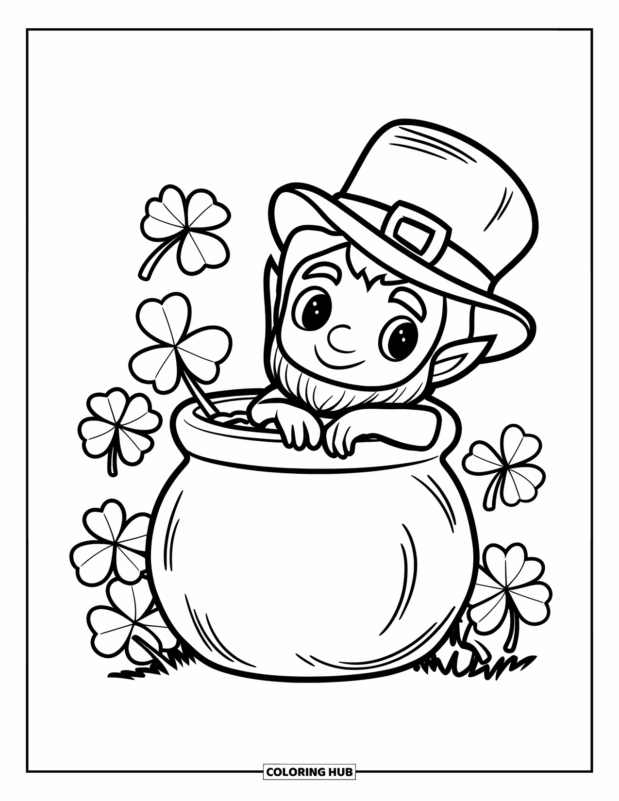 Leprechaun Coloring Page for Kids: A chibi leprechaun leaning on a gold pot with green beard