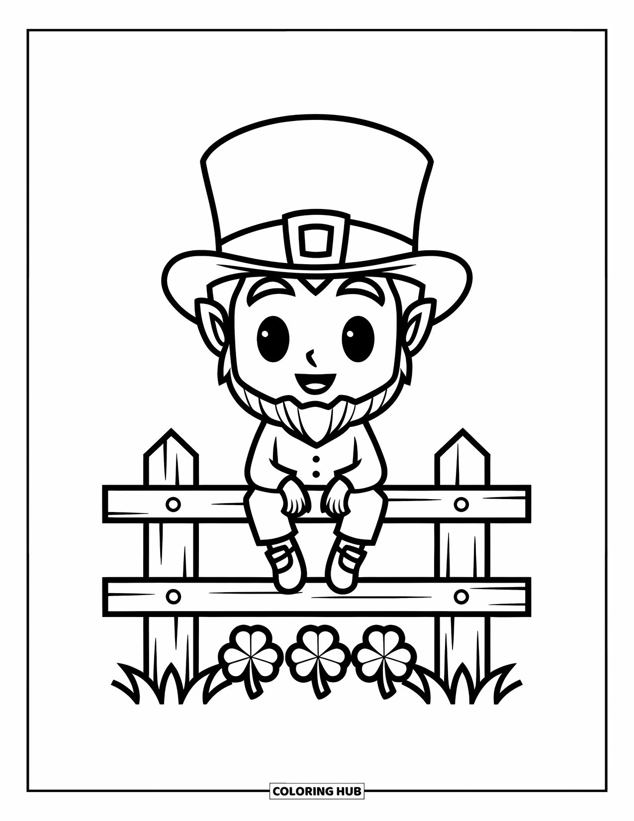 Leprechaun Coloring Page for Kids: A chibi leprechaun on a fence with three clovers