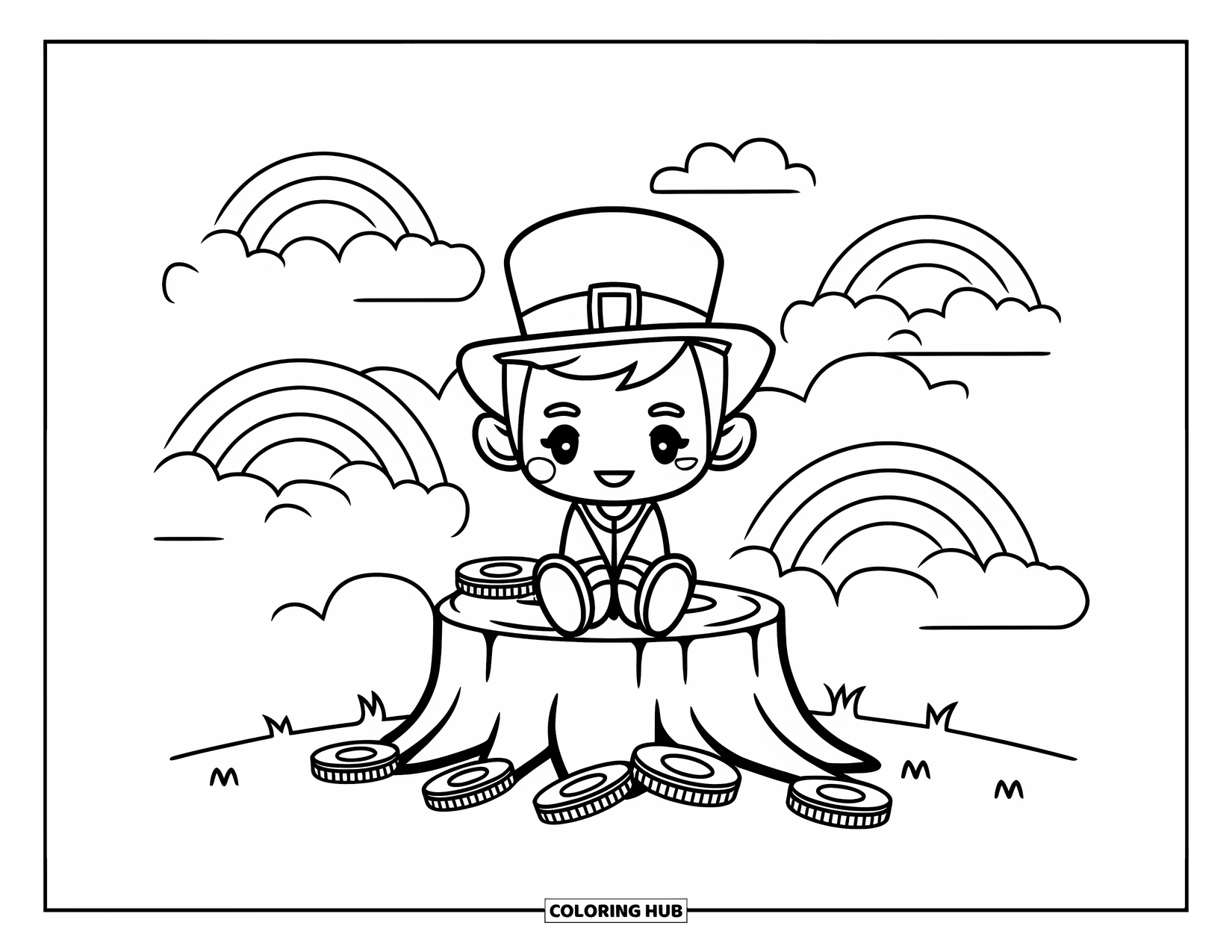 Leprechaun Coloring Page for Kids: A chibi leprechaun on a stump with rainbows and clouds