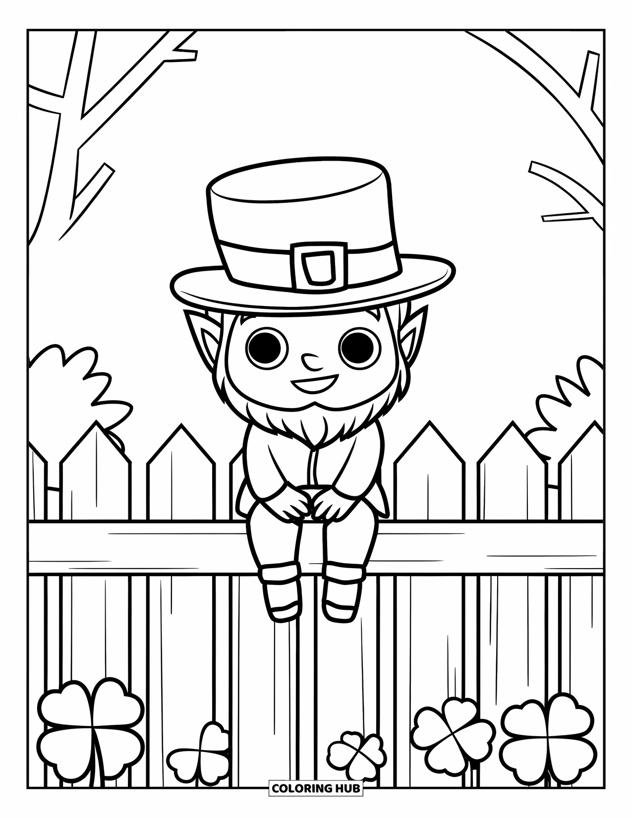 Leprechaun Coloring Page for Kids: A chibi leprechaun sitting on a fence with clovers below