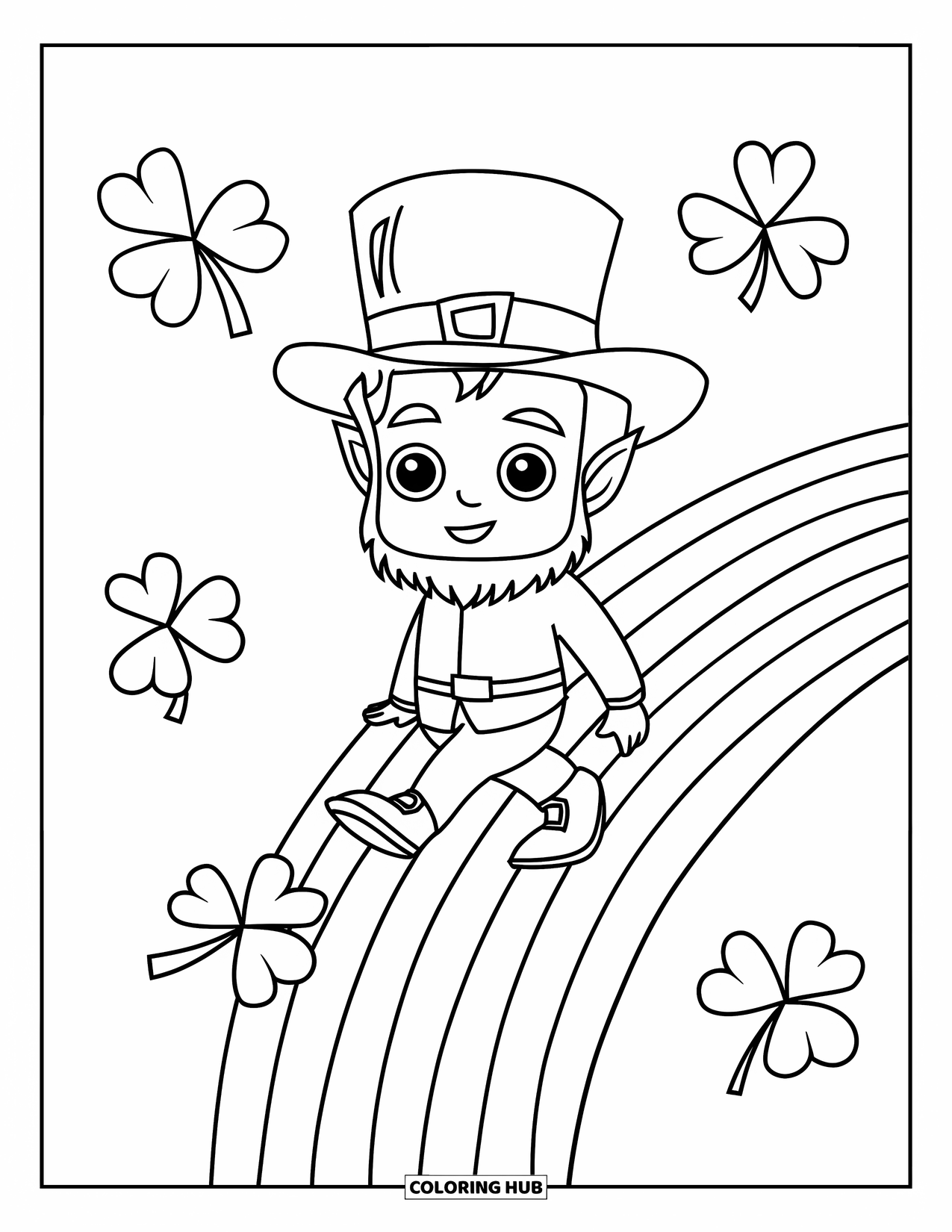 Leprechaun Coloring Page for Kids: A chibi leprechaun walking rainbow steps with clovers around