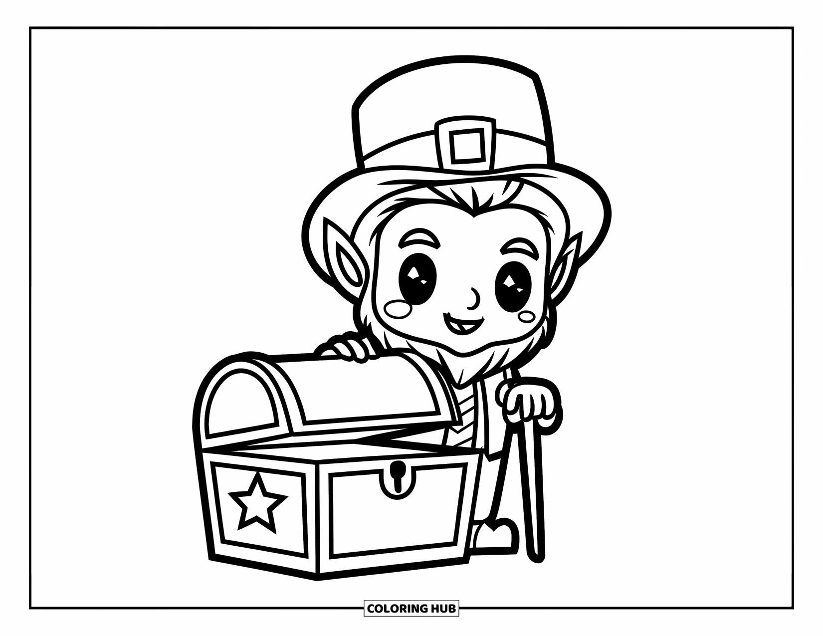Leprechaun Coloring Page for Kids: A chibi leprechaun with a cane beside a treasure chest