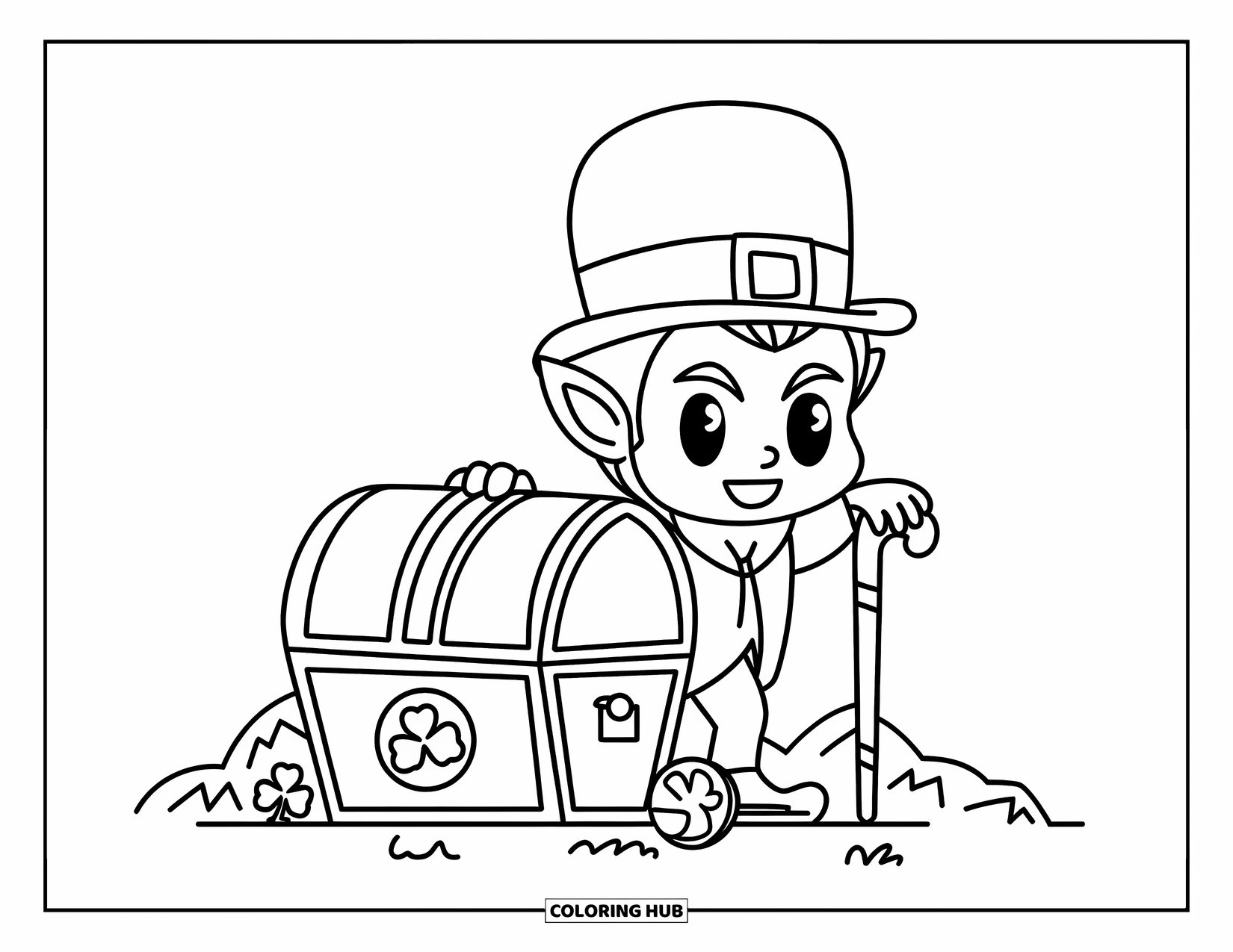 Leprechaun Coloring Page for Kids: A chibi leprechaun with a cane near a chest on rocky ground