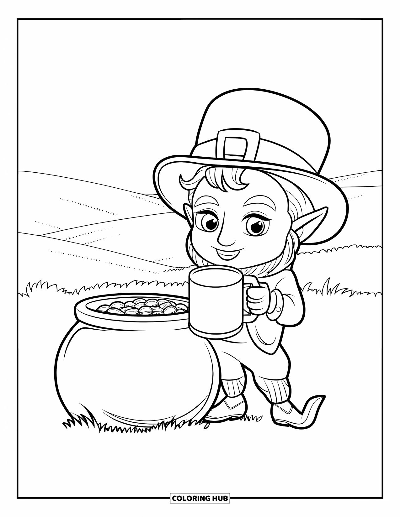 Leprechaun Coloring Page for Kids: A chibi leprechaun with a mug and pot of gold in a field