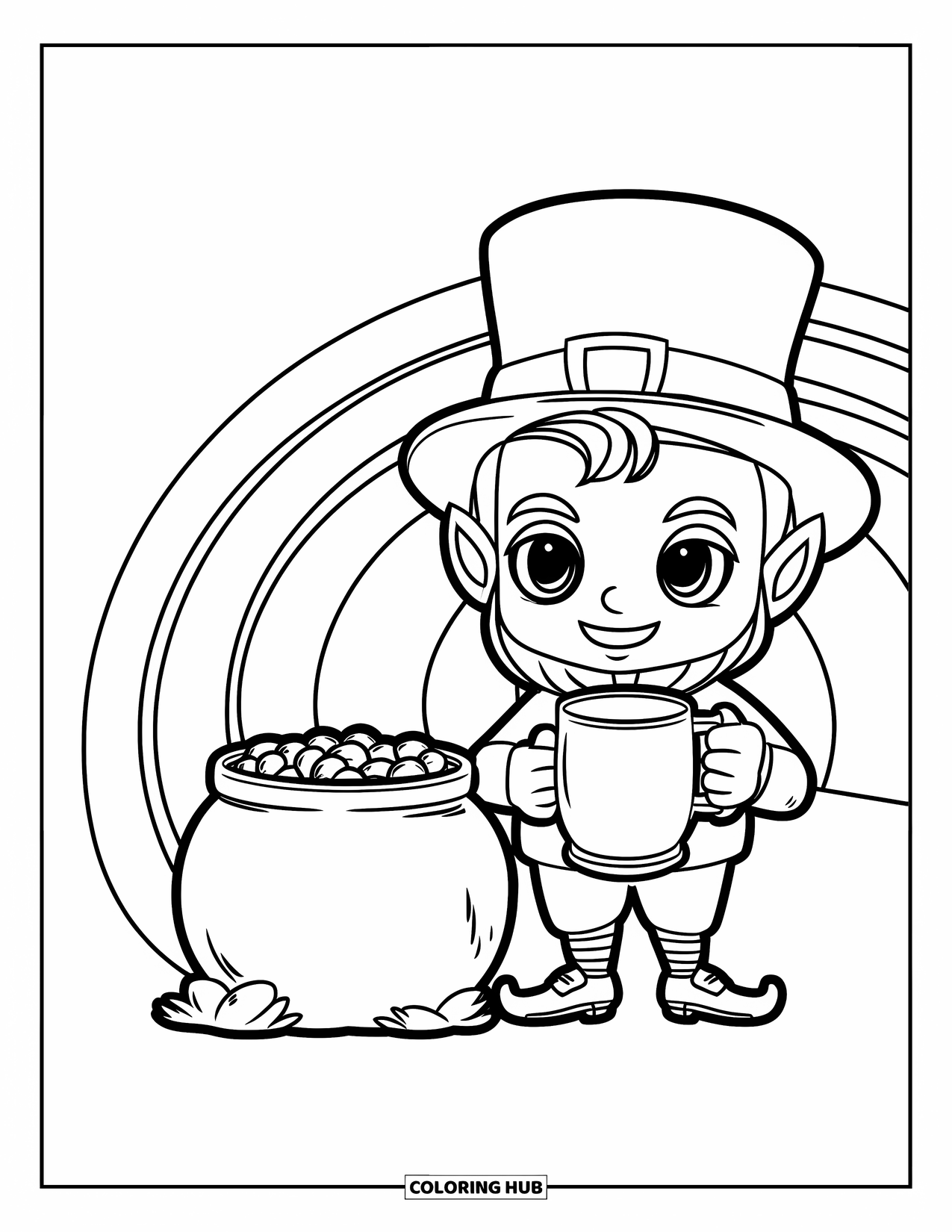 Leprechaun Coloring Page for Kids: A chibi leprechaun with a mug and pot of gold under a rainbow