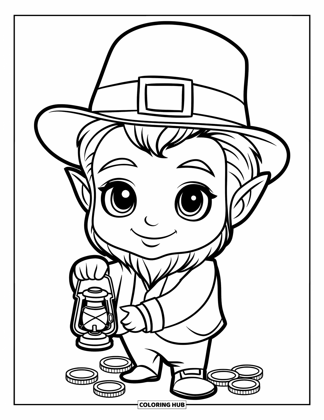 Leprechaun Coloring Page for Kids: A leprechaun holding a lantern with coins scattered below