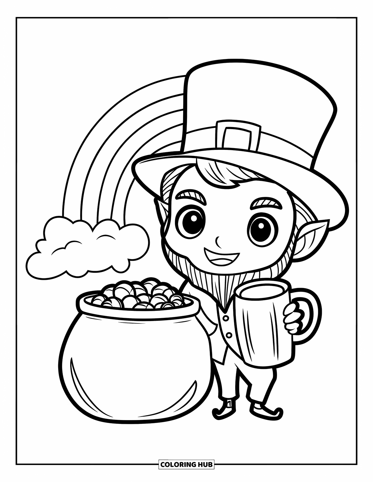 Leprechaun Coloring Page for Kids: A leprechaun holding a mug beside a pot of gold