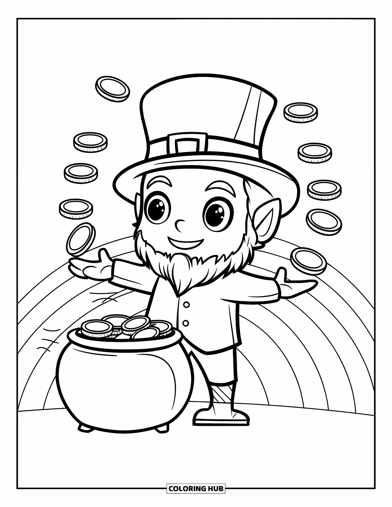 Leprechaun Coloring Page for Kids: A leprechaun juggling coins next to gold pot with rainbow