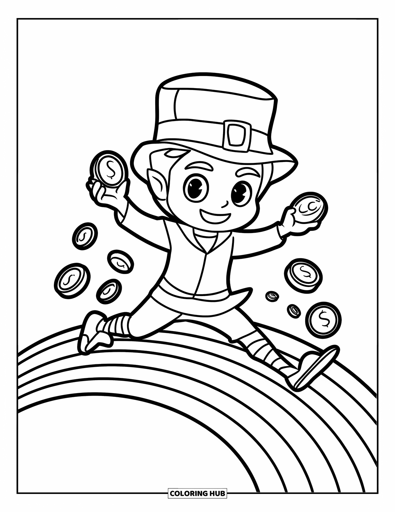 Leprechaun Coloring Page for Kids: A leprechaun leaping across a rainbow holding two coins