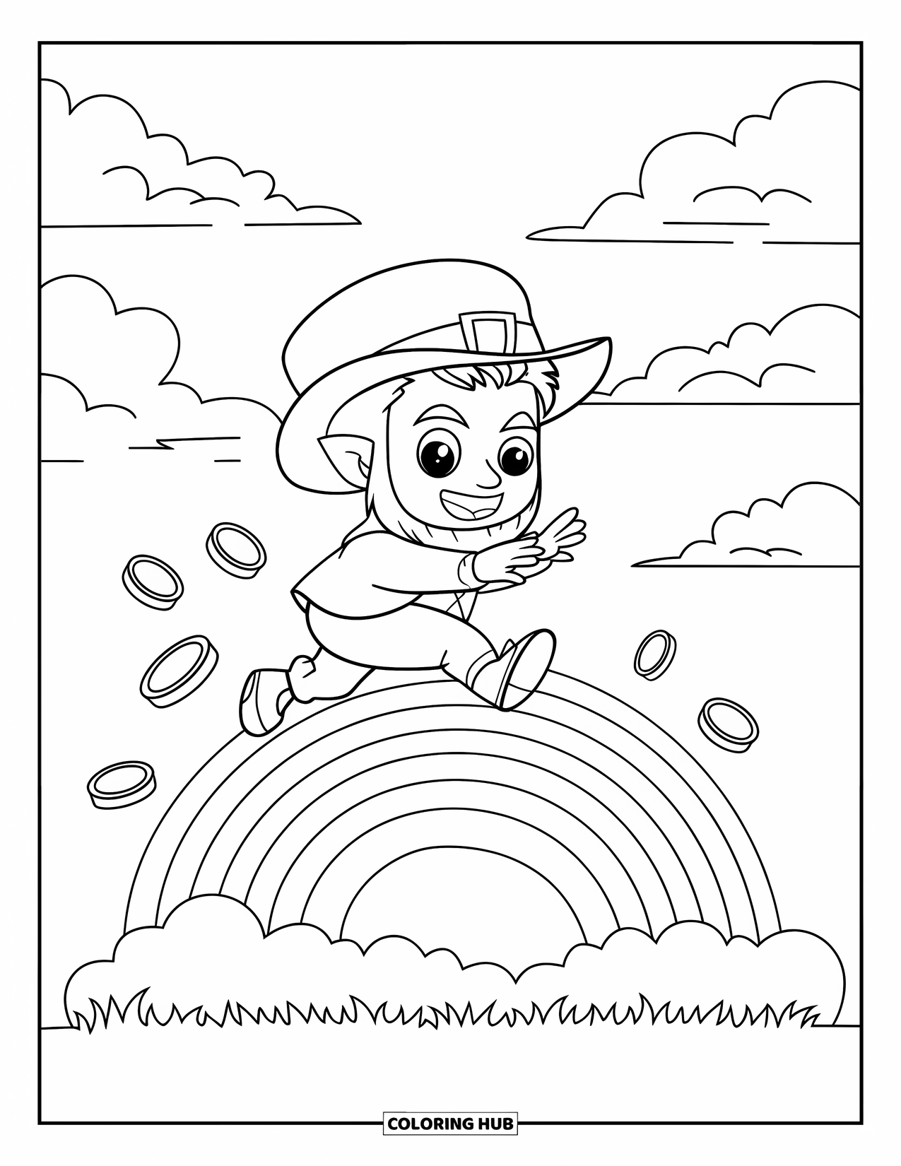 Leprechaun Coloring Page for Kids: A leprechaun leaping on a rainbow with coins flying behind