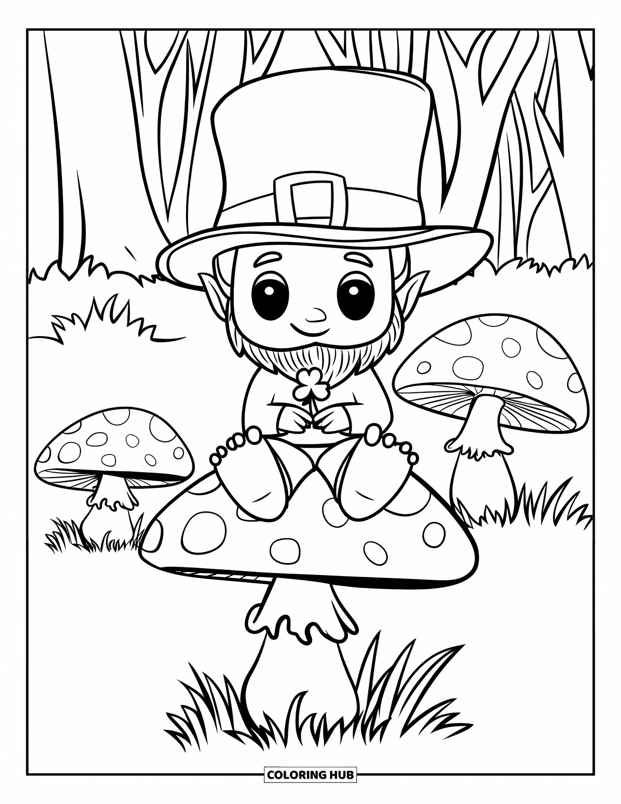 Leprechaun Coloring Page for Kids: A leprechaun on a mushroom in a forest with more mushrooms