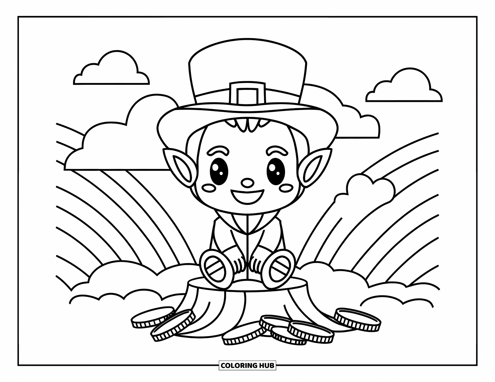 Leprechaun Coloring Page for Kids: A leprechaun on a stump smiling with rainbows behind