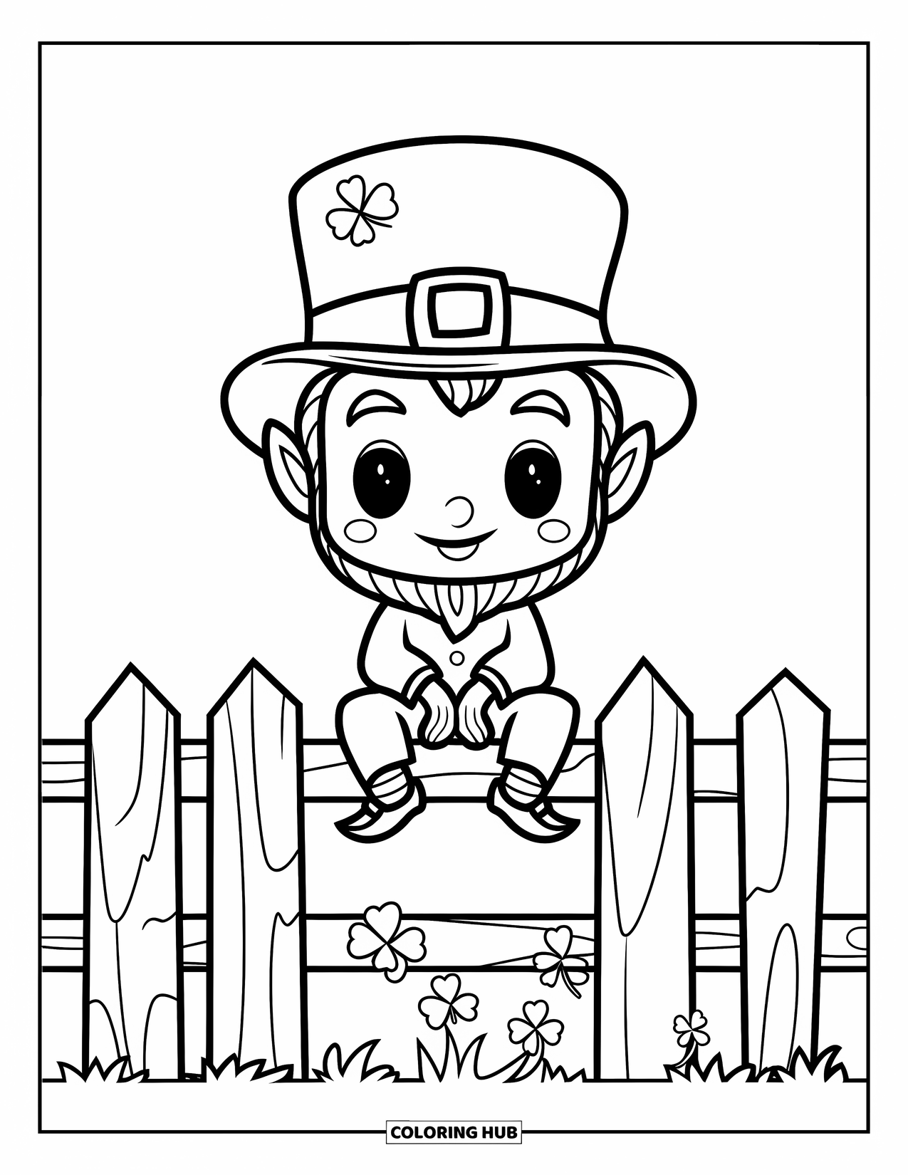 Leprechaun Coloring Page for Kids: A leprechaun on a wooden fence with visible cracks