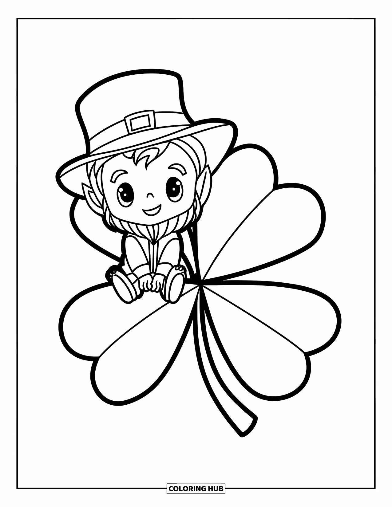 Leprechaun Coloring Page for Kids: A leprechaun sitting on a large shamrock smiling