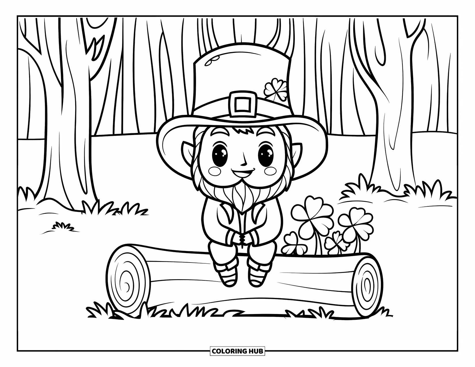 Leprechaun Coloring Page for Kids: A leprechaun sitting on a log with shamrocks nearby