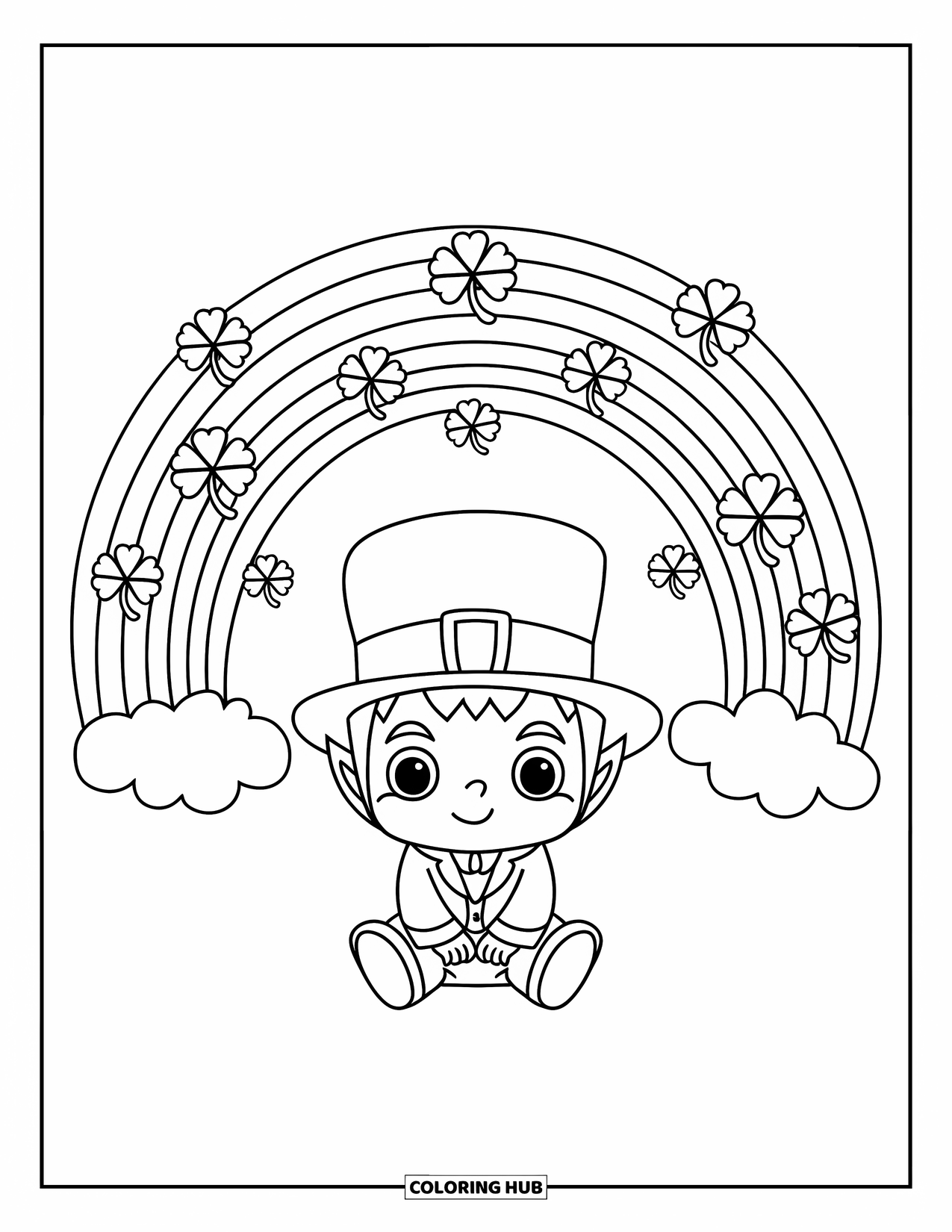 Leprechaun Coloring Page for Kids: A leprechaun sitting under a rainbow with shamrocks