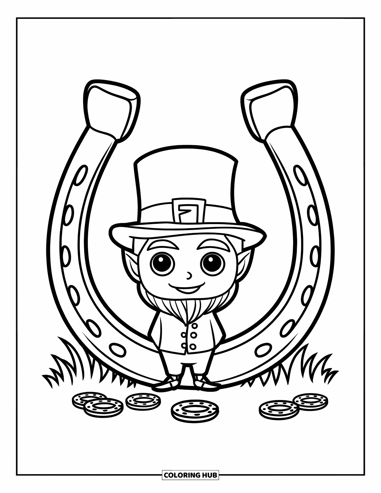 Leprechaun Coloring Page for Kids: A leprechaun standing near a large horseshoe with small ones