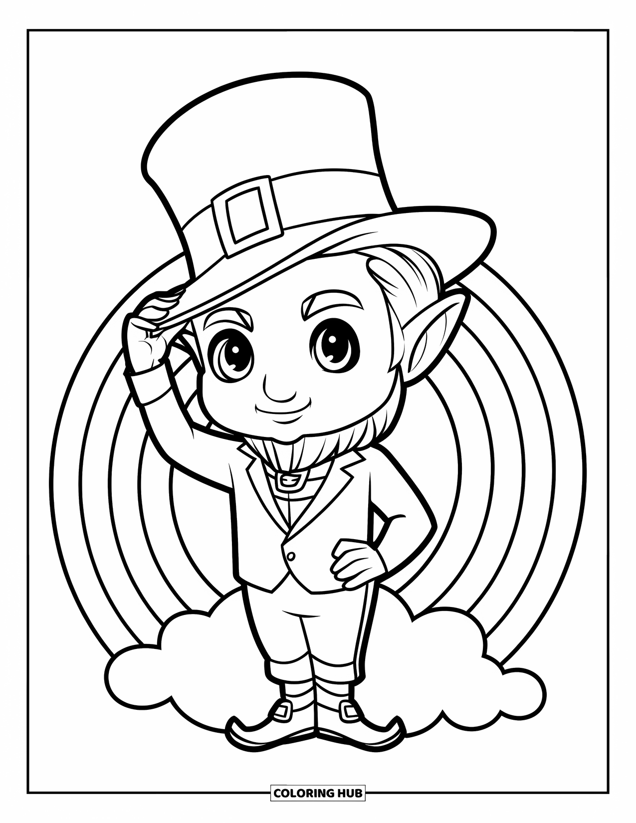 Leprechaun Coloring Page for Kids: A leprechaun tipping his hat while standing on a cloud