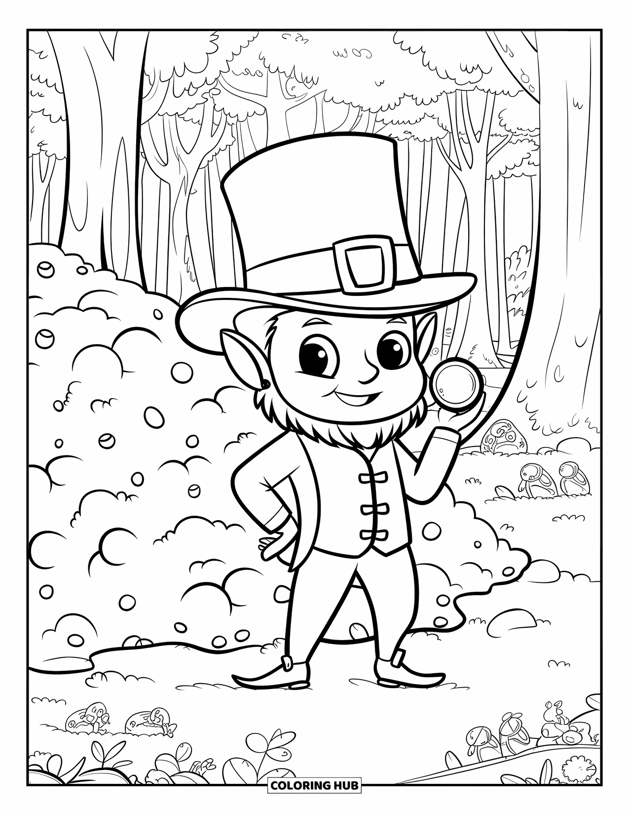 Leprechaun Coloring Page for Kids: A leprechaun with gold coins in a magical forest