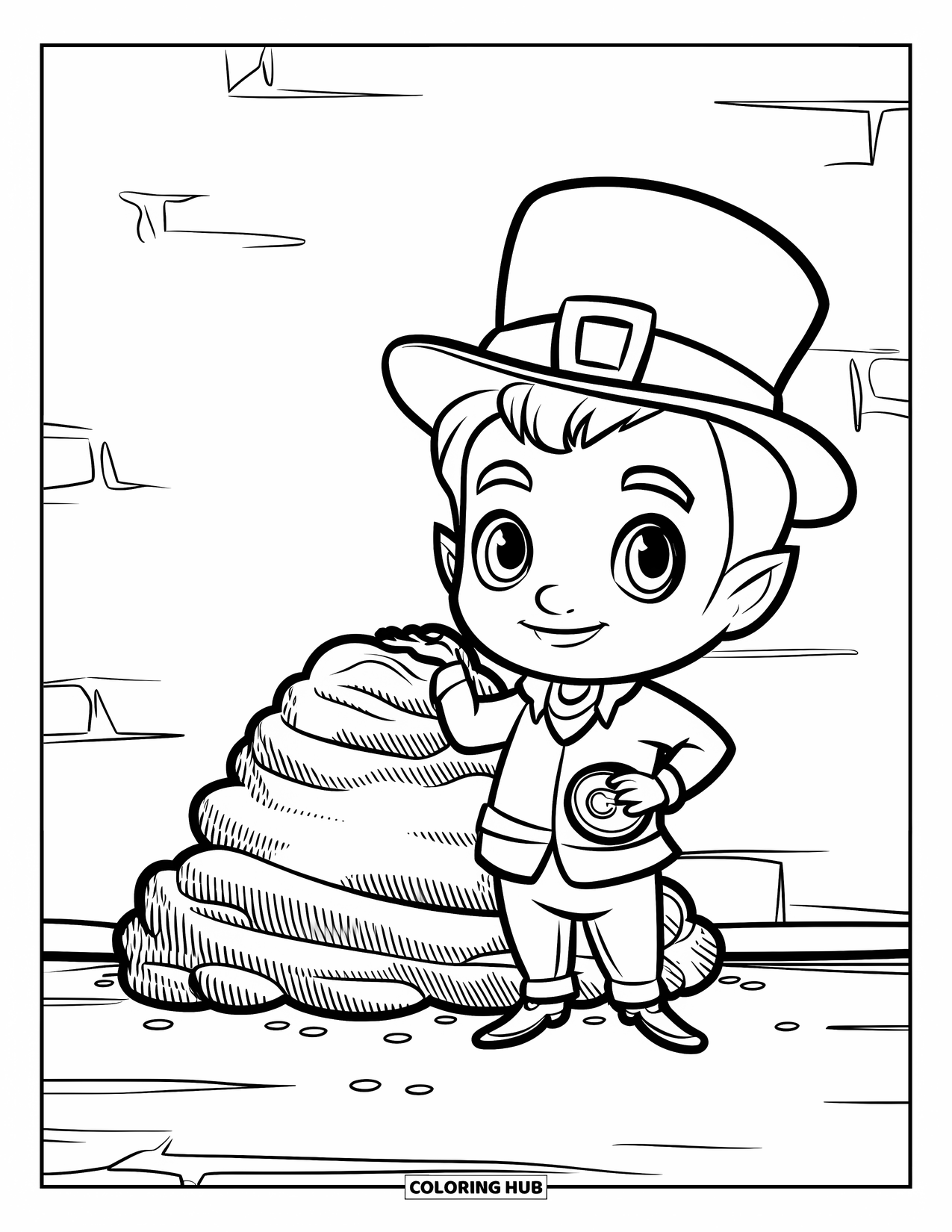 Leprechaun Coloring Page for Kids: A leprechaun with gold pile standing against a wall