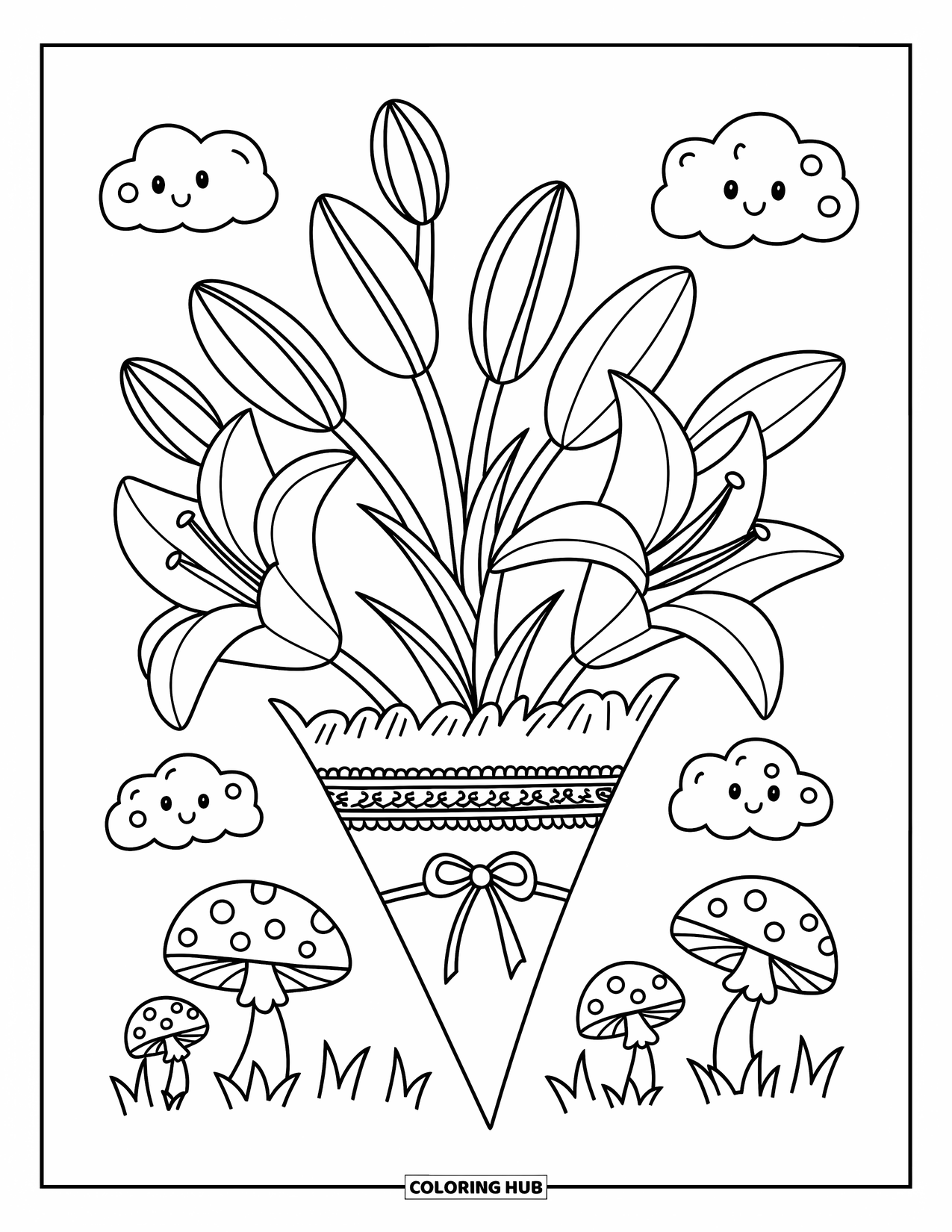 Lily Coloring Page for Adults: A bundle of lilies peeks from a paper cone surrounded by mushrooms and clouds