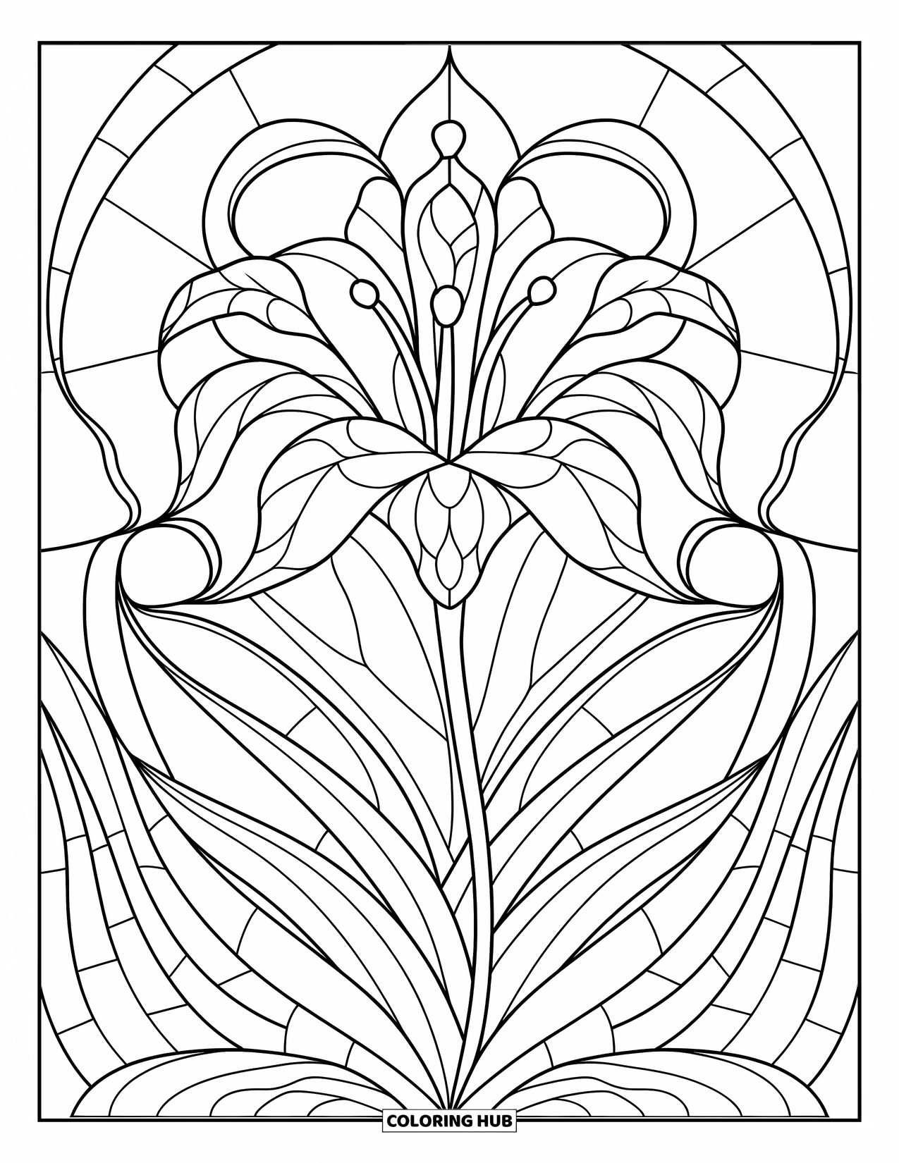 Lily Coloring Page for Adults: A central lily with bold details is framed in a clean stained-glass-style layout