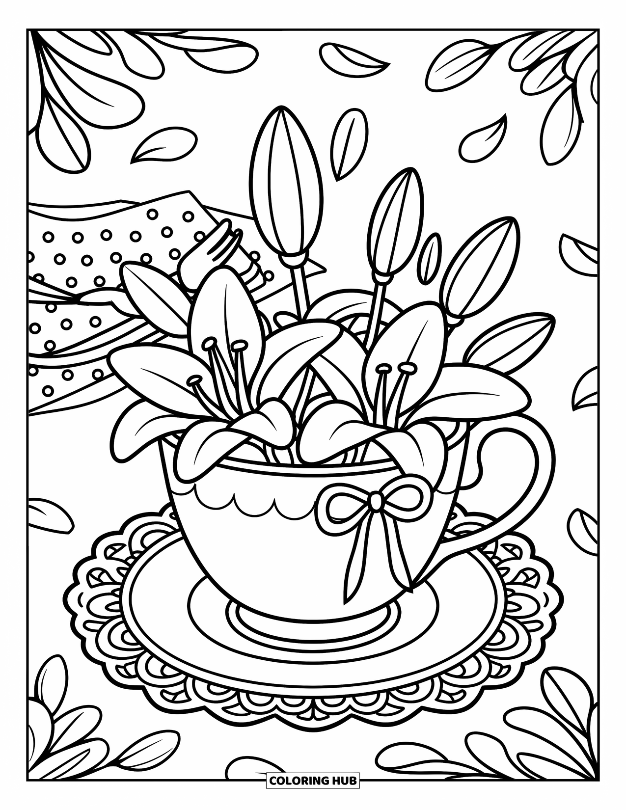 Lily Coloring Page for Adults: A doily teacup spills over with lilies near a fork, spoon, and scattered petals