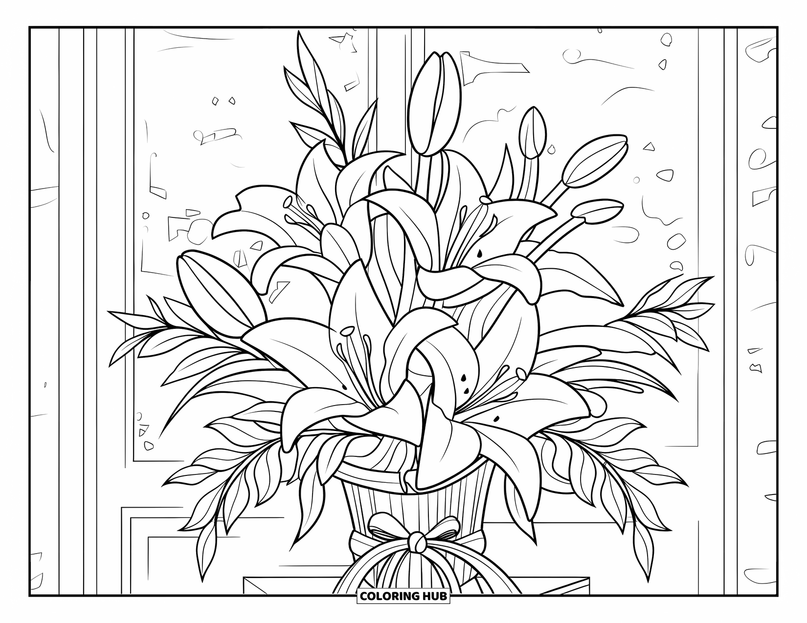 Lily Coloring Page for Adults: A lily bouquet with leafy flourishes fills a ribboned vase against a textured wall