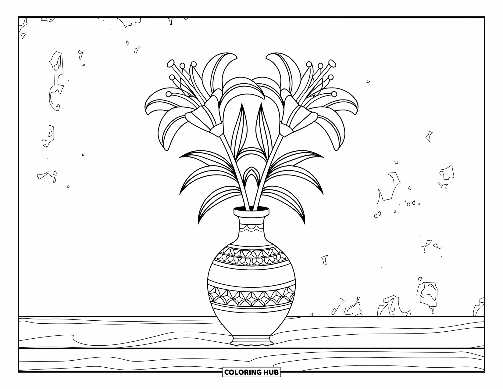 Lily Coloring Page for Adults: A pair of lilies grow from a decorative vase placed on a wooden surface