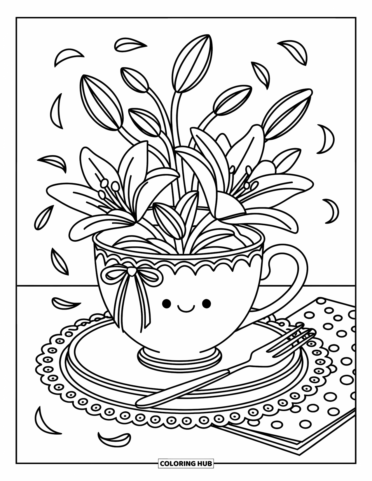 Lily Coloring Page for Adults: A ribbon-tied teacup brims with lilies and buds beside a cozy napkin and spoon