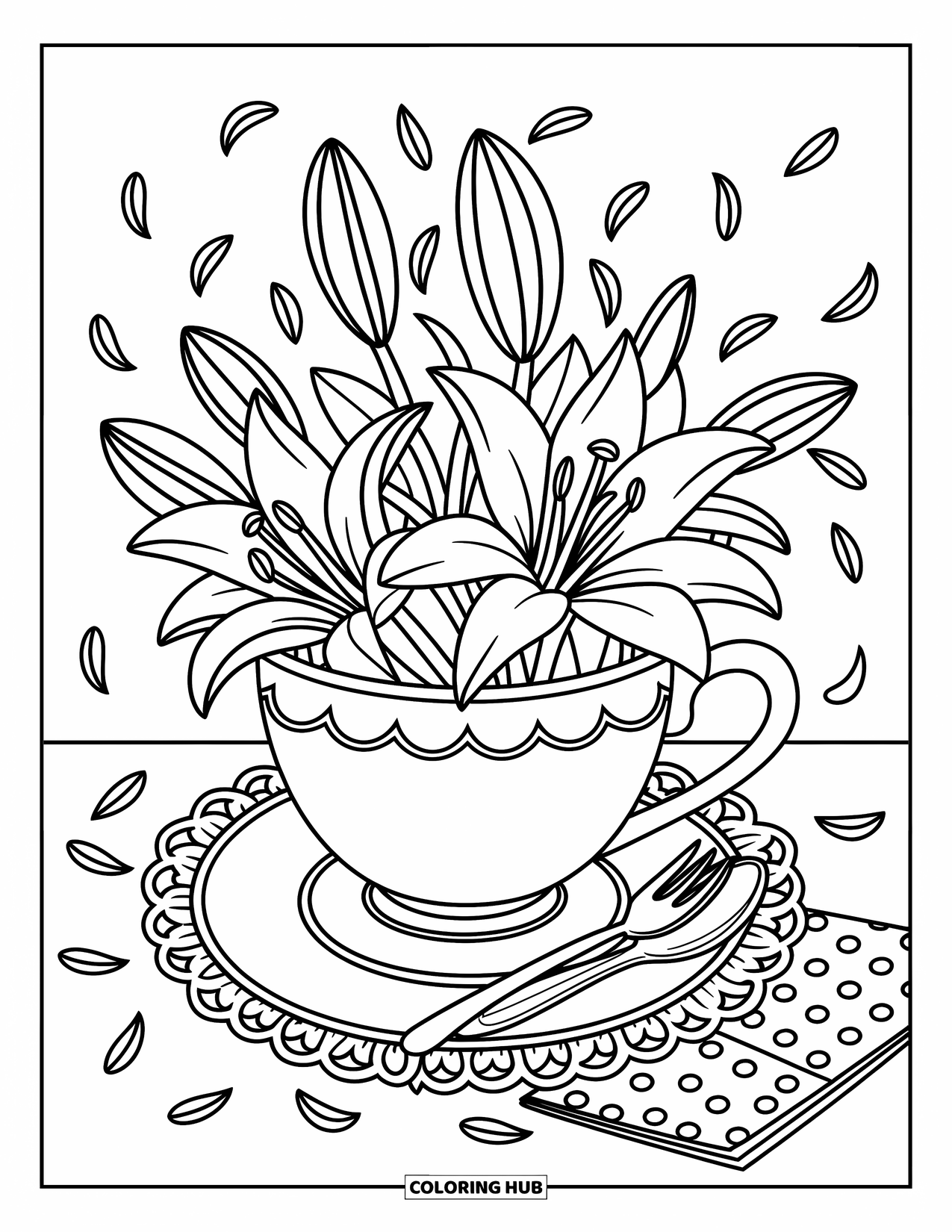 Lily Coloring Page for Adults: A scalloped teacup overflows with lilies beside a spoon, fork, and curling leaves