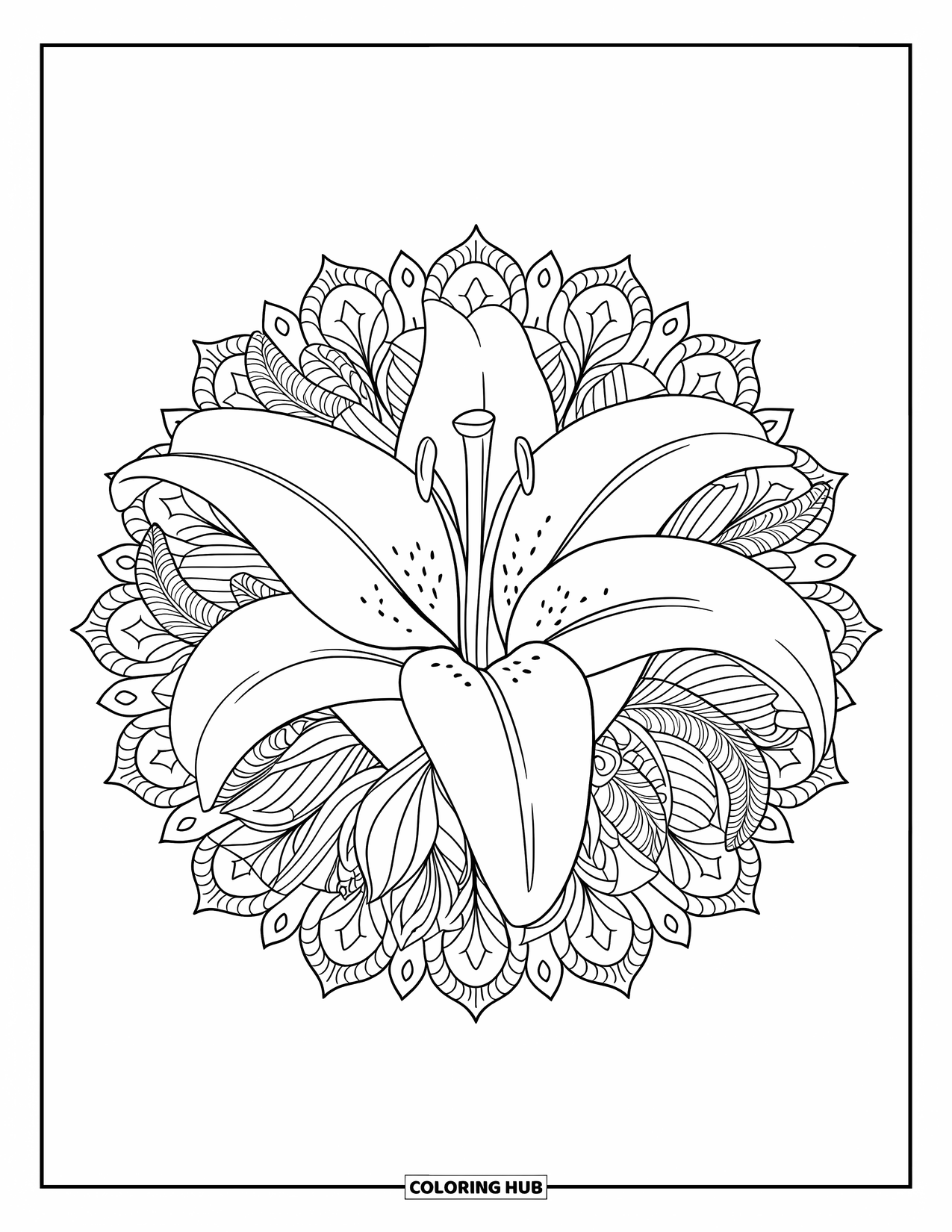 Lily Coloring Page for Adults: A single lily bloom is surrounded by a detailed botanical mandala