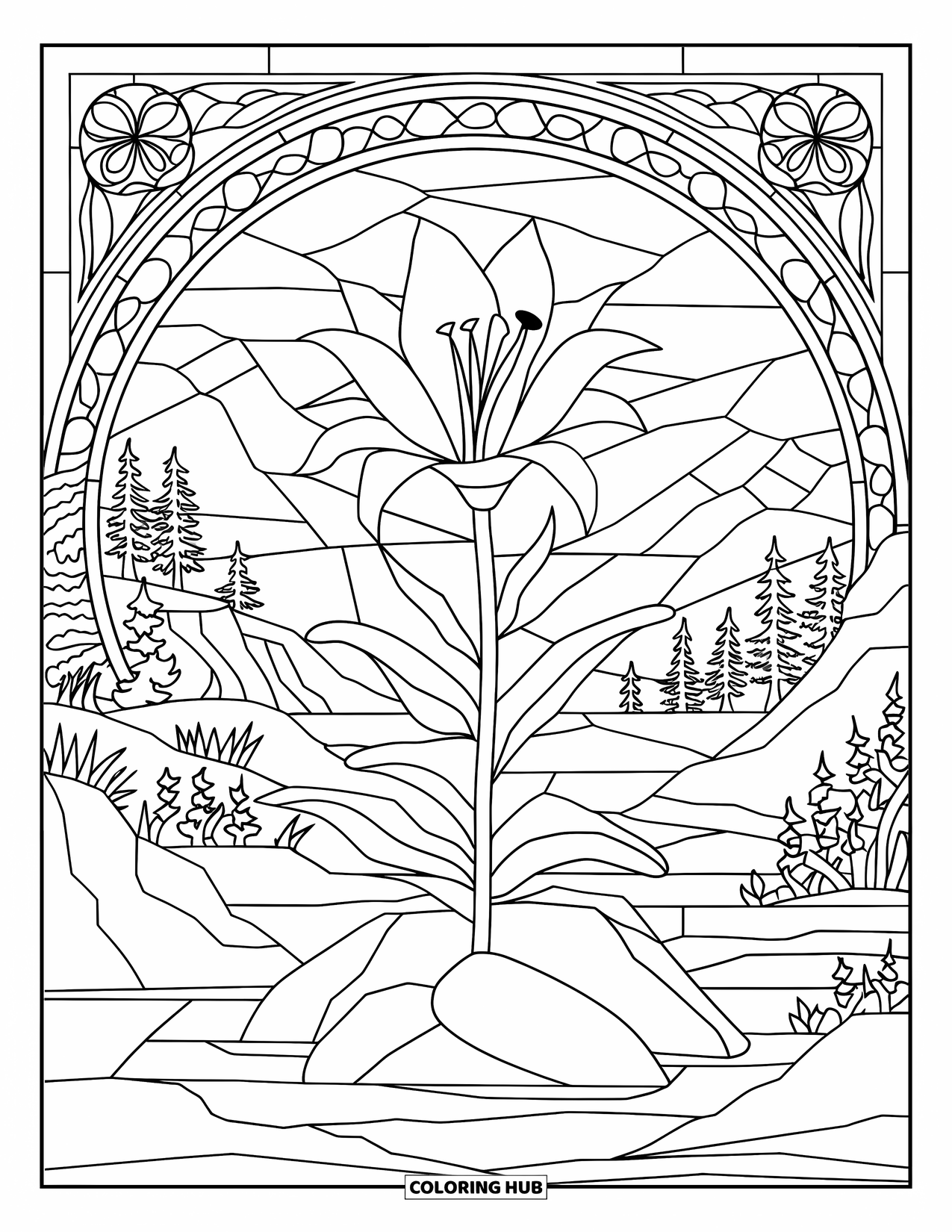 Lily Coloring Page for Adults: A single lily on a rock is framed by a scenic view of trees and mountains